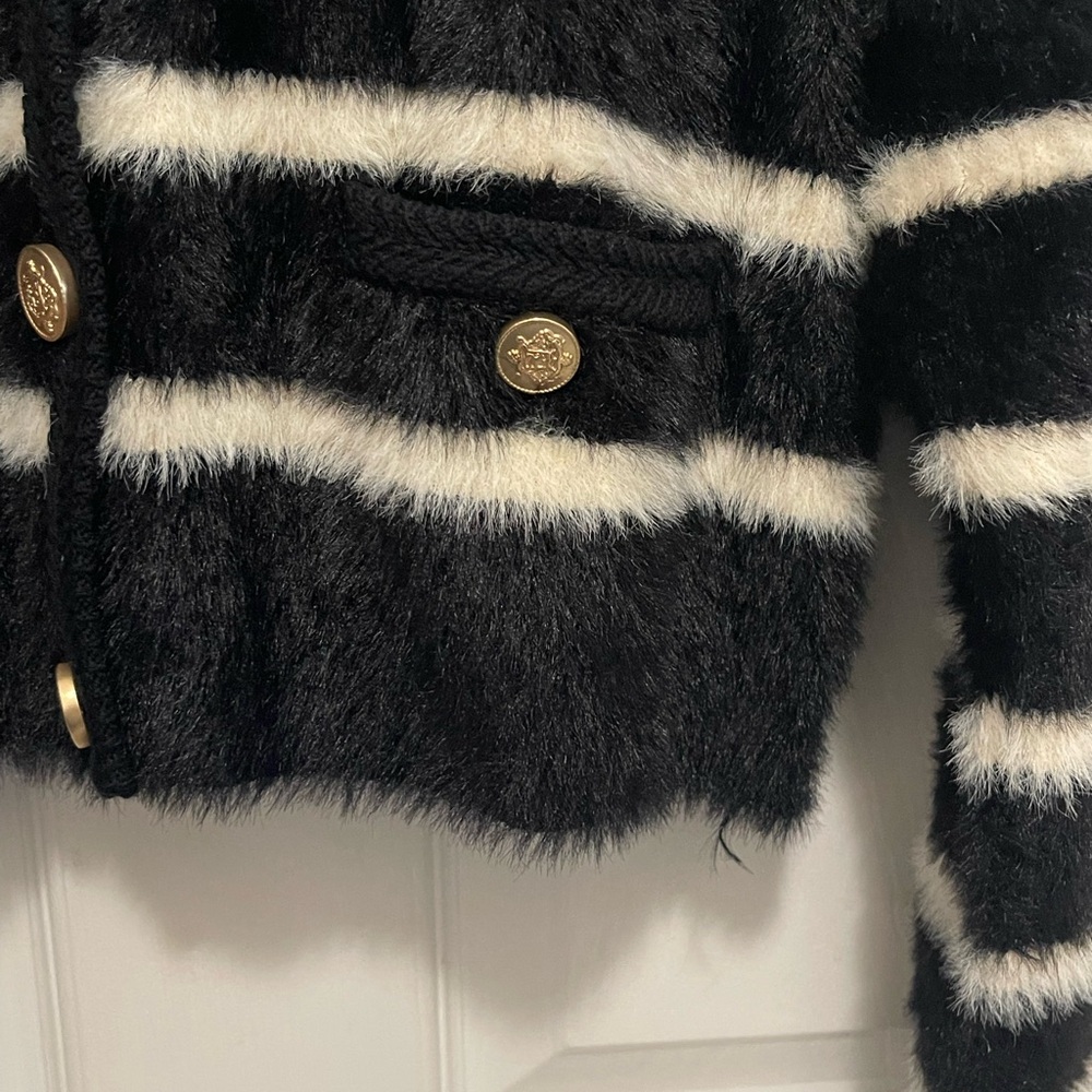J. CREW Sweater Lady Jacket - Black and Ivory Striped Brushed Yarn - Sz S - Picture 5 of 11